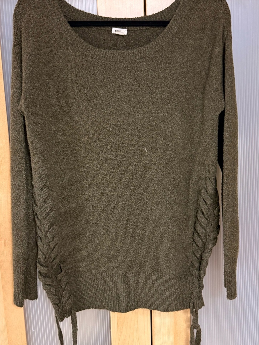Garage Olive Scoop Neck Sweater with Side Braid Accents